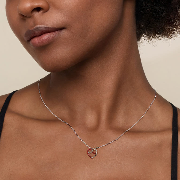 Enamel - 925 Sterling Silver Heart Pendant Necklace with Chrome Red Enamel - Shot 3
