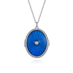 Enamel - 925 Sterling Silver White Sapphire Bujukan Locket Necklace with Dusk Blue Enamel