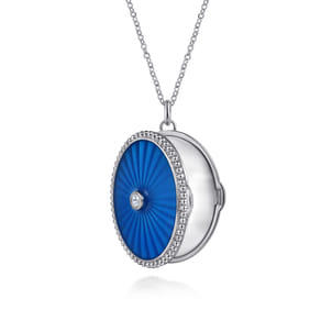 Enamel - 925 Sterling Silver White Sapphire Bujukan Locket Necklace with Dusk Blue Enamel