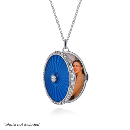 Enamel - 925 Sterling Silver White Sapphire Bujukan Locket Necklace with Dusk Blue Enamel