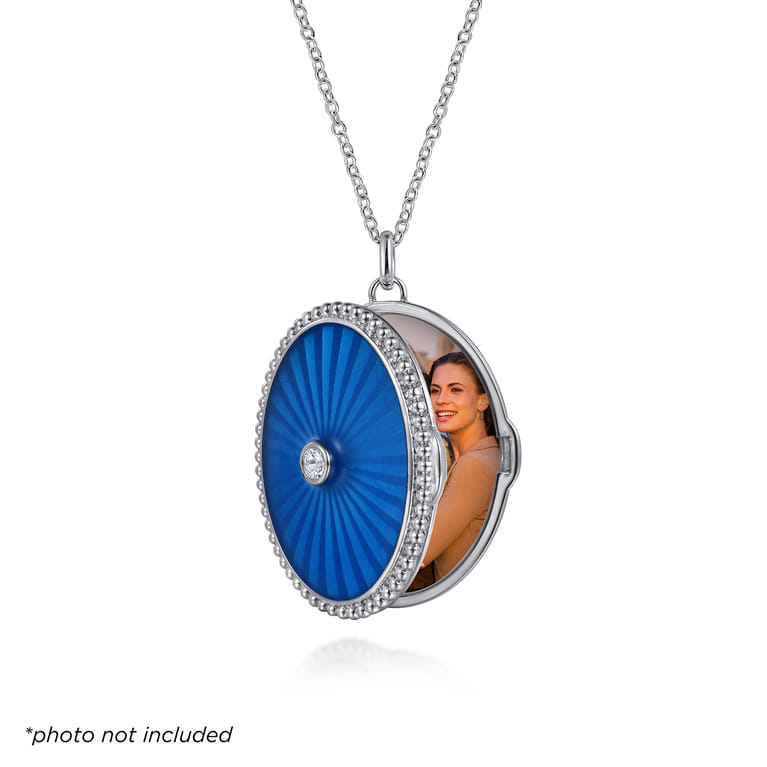 Enamel - 925 Sterling Silver White Sapphire Bujukan Locket Necklace with Dusk Blue Enamel - Shot 3