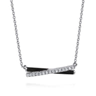 Enamel - 925 Sterling Silver White Sapphire Criss Cross Bar Necklace with Black Enamel