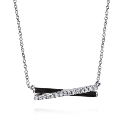 Enamel - 925 Sterling Silver White Sapphire Criss Cross Bar Necklace with Black Enamel