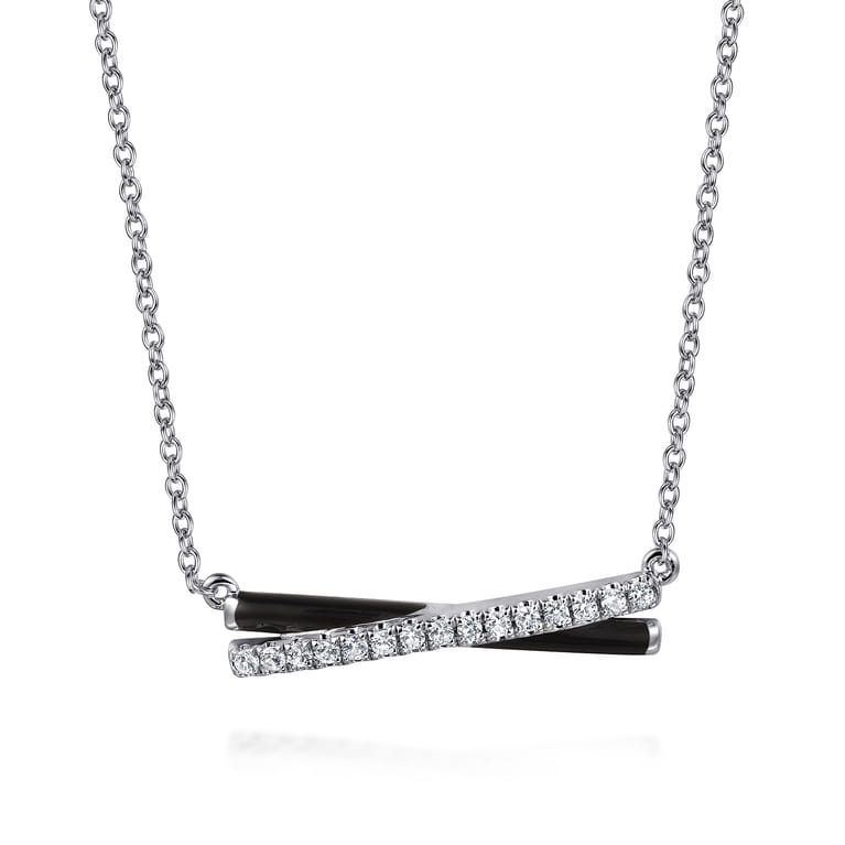 Enamel - 925 Sterling Silver White Sapphire Criss Cross Bar Necklace with Black Enamel - Shot 1