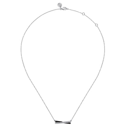 Enamel - 925 Sterling Silver White Sapphire Criss Cross Bar Necklace with Black Enamel