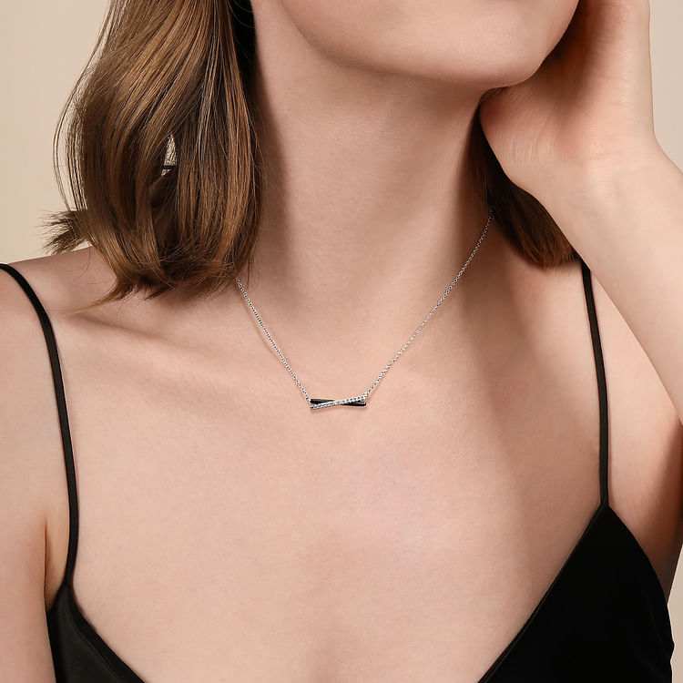Enamel - 925 Sterling Silver White Sapphire Criss Cross Bar Necklace with Black Enamel