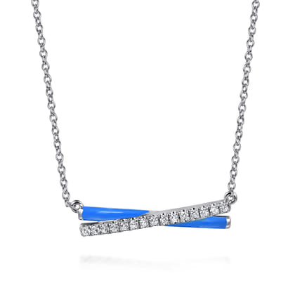 Enamel - 925 Sterling Silver White Sapphire Criss Cross Bar Necklace with Blue Enamel