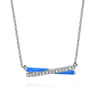 Enamel - 925 Sterling Silver White Sapphire Criss Cross Bar Necklace with Blue Enamel