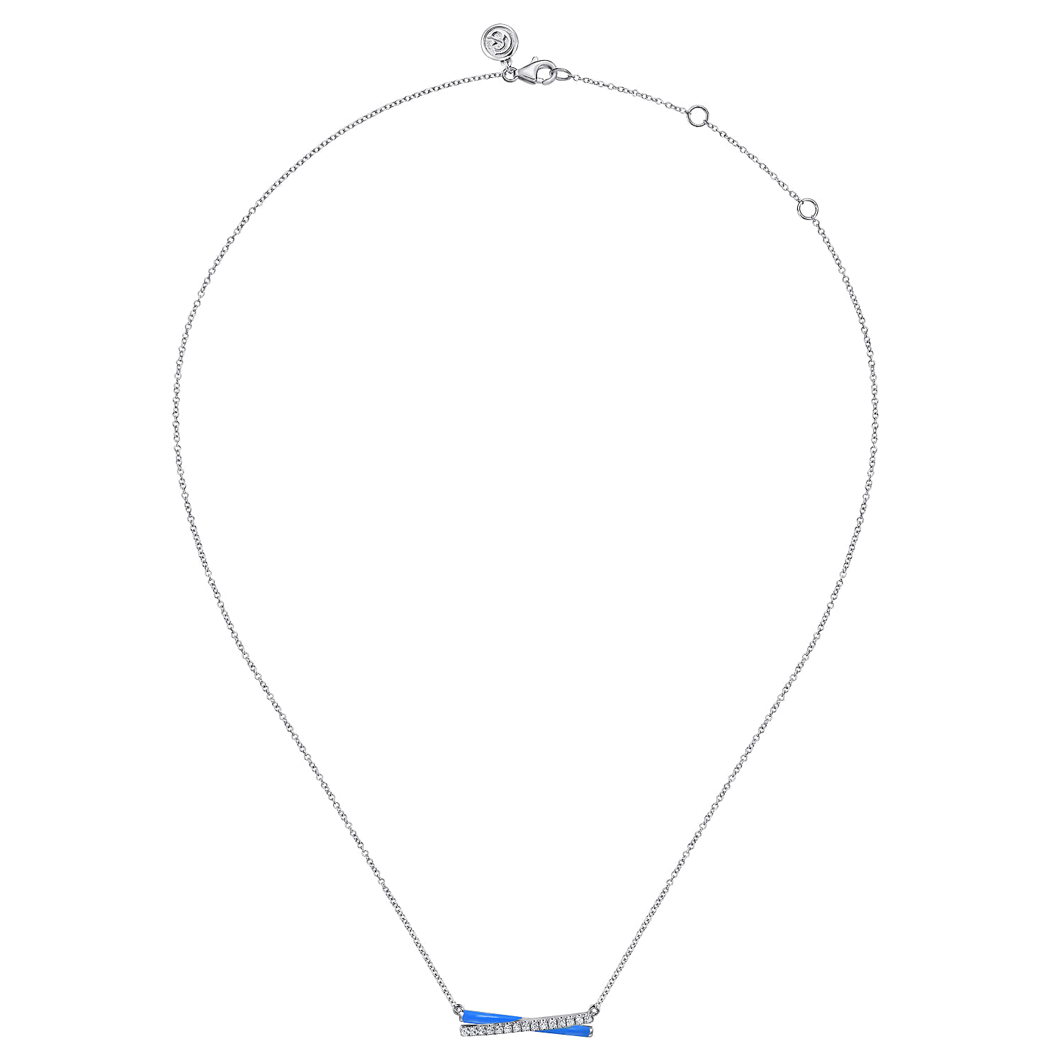 Enamel - 925 Sterling Silver White Sapphire Criss Cross Bar Necklace with Blue Enamel - Shot 2