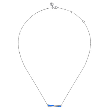 Enamel - 925 Sterling Silver White Sapphire Criss Cross Bar Necklace with Blue Enamel