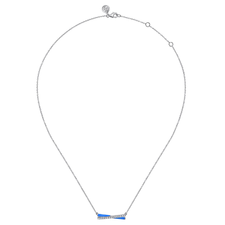 Enamel - 925 Sterling Silver White Sapphire Criss Cross Bar Necklace with Blue Enamel - Shot 2