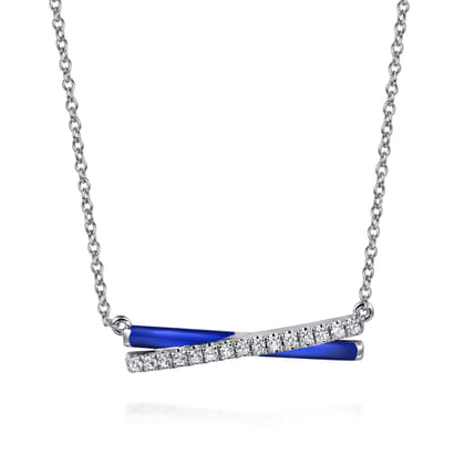 Enamel - 925 Sterling Silver White Sapphire Criss Cross Bar Necklace with Chrome Blue Enamel