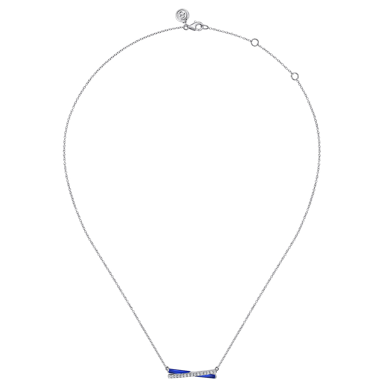 Enamel - 925 Sterling Silver White Sapphire Criss Cross Bar Necklace with Chrome Blue Enamel - Shot 2