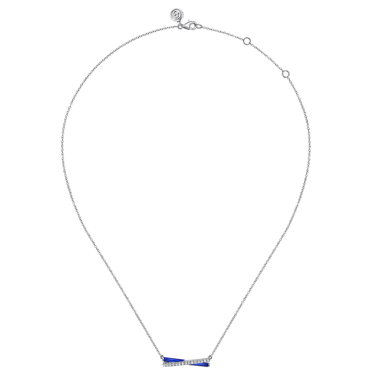 Enamel - 925 Sterling Silver White Sapphire Criss Cross Bar Necklace with Chrome Blue Enamel - Shot 2
