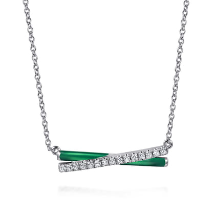 Enamel - 925 Sterling Silver White Sapphire Criss Cross Bar Necklace with Chrome Green Enamel