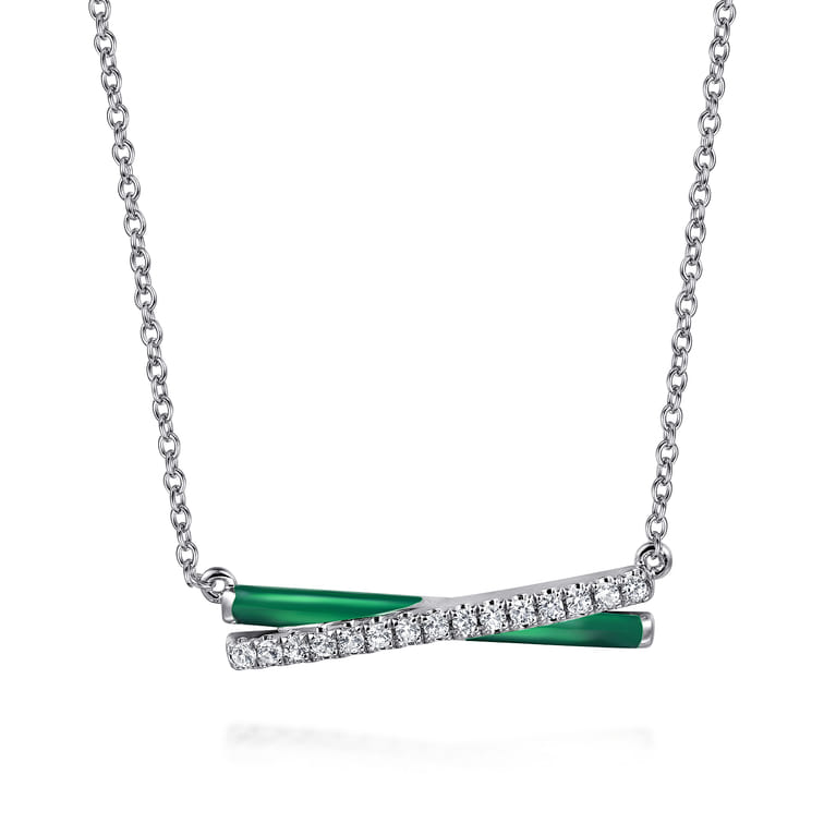Enamel - 925 Sterling Silver White Sapphire Criss Cross Bar Necklace with Chrome Green Enamel - Shot 1