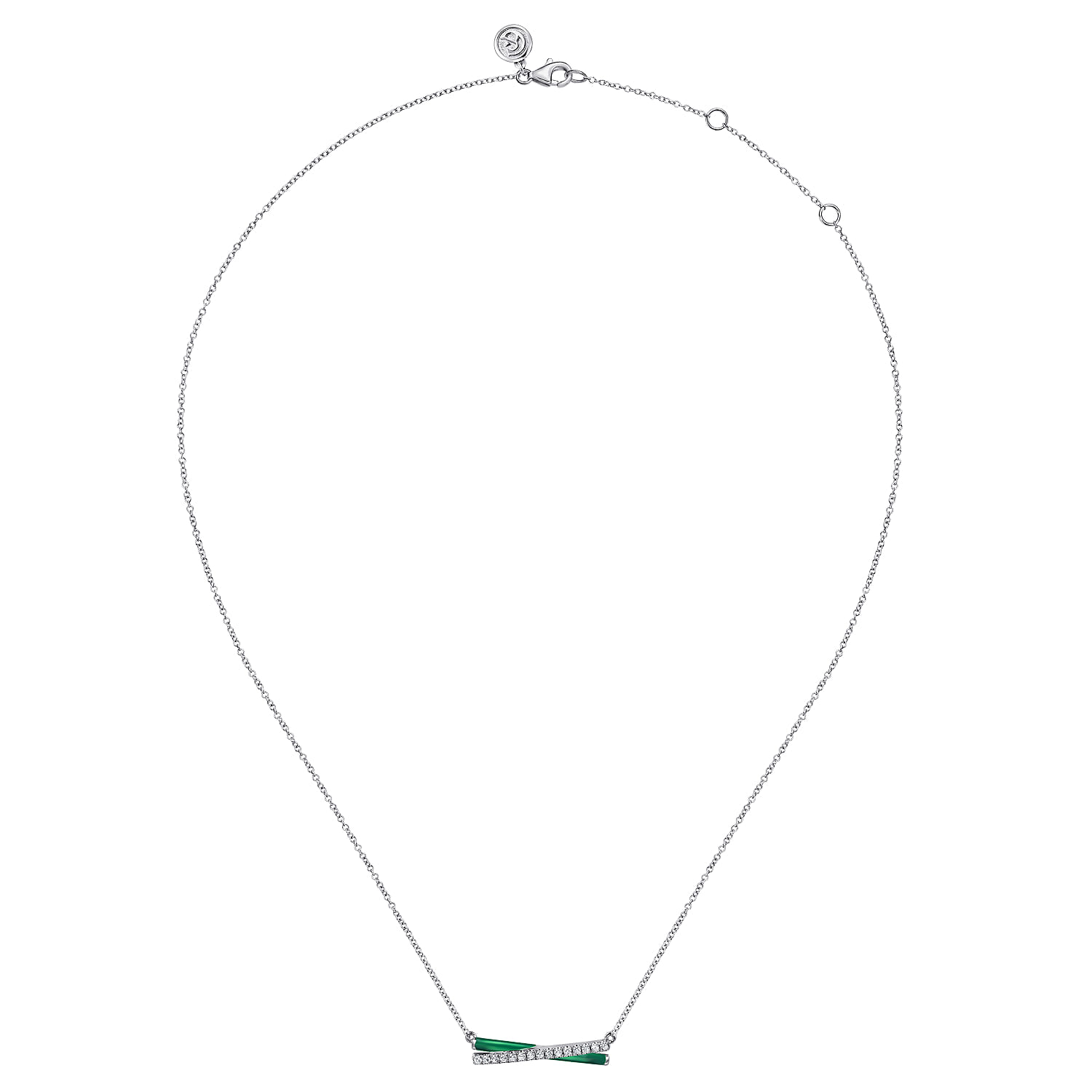 Enamel - 925 Sterling Silver White Sapphire Criss Cross Bar Necklace with Chrome Green Enamel - Shot 2