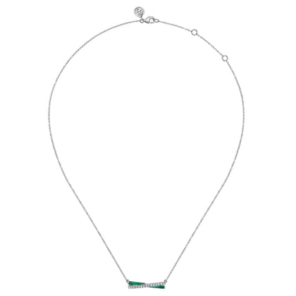 Enamel - 925 Sterling Silver White Sapphire Criss Cross Bar Necklace with Chrome Green Enamel