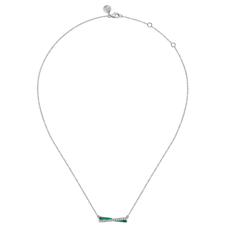 Enamel - 925 Sterling Silver White Sapphire Criss Cross Bar Necklace with Chrome Green Enamel - Shot 2