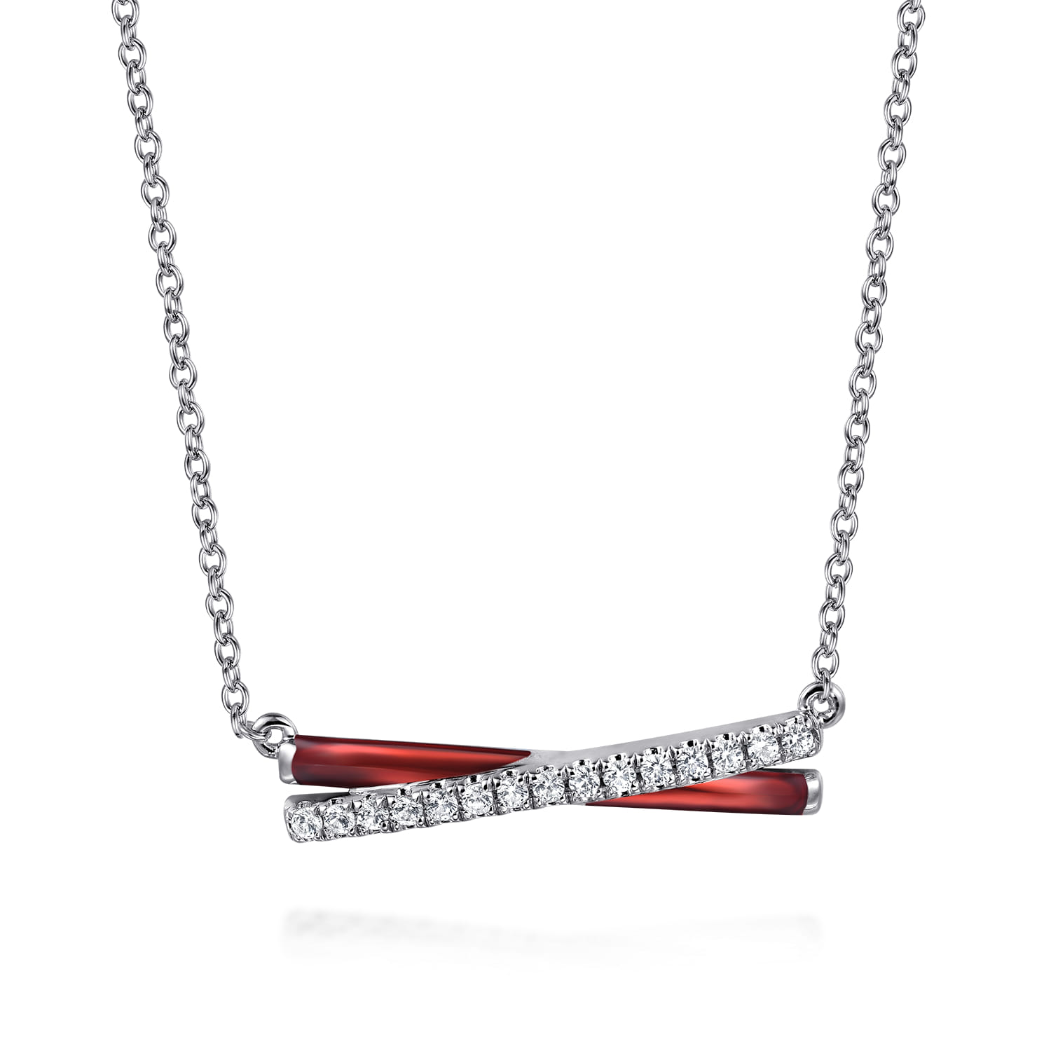 Enamel - 925 Sterling Silver White Sapphire Criss Cross Bar Necklace with Chrome Red Enamel - Shot 1