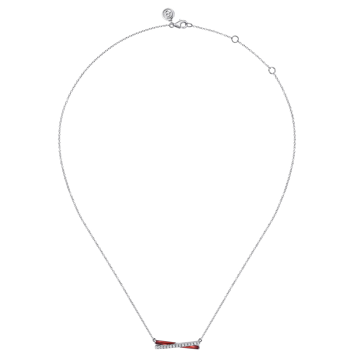 Enamel - 925 Sterling Silver White Sapphire Criss Cross Bar Necklace with Chrome Red Enamel - Shot 2