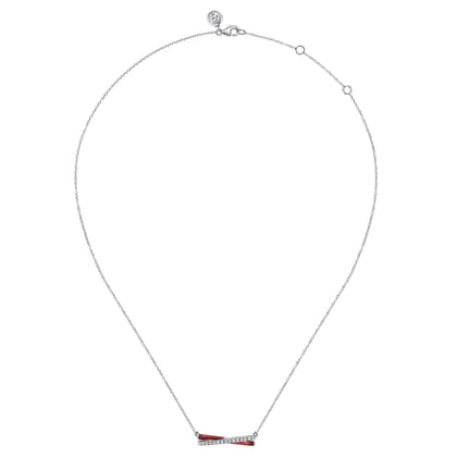 Enamel - 925 Sterling Silver White Sapphire Criss Cross Bar Necklace with Chrome Red Enamel