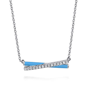 Enamel - 925 Sterling Silver White Sapphire Criss Cross Bar Necklace with Dusk Blue Enamel