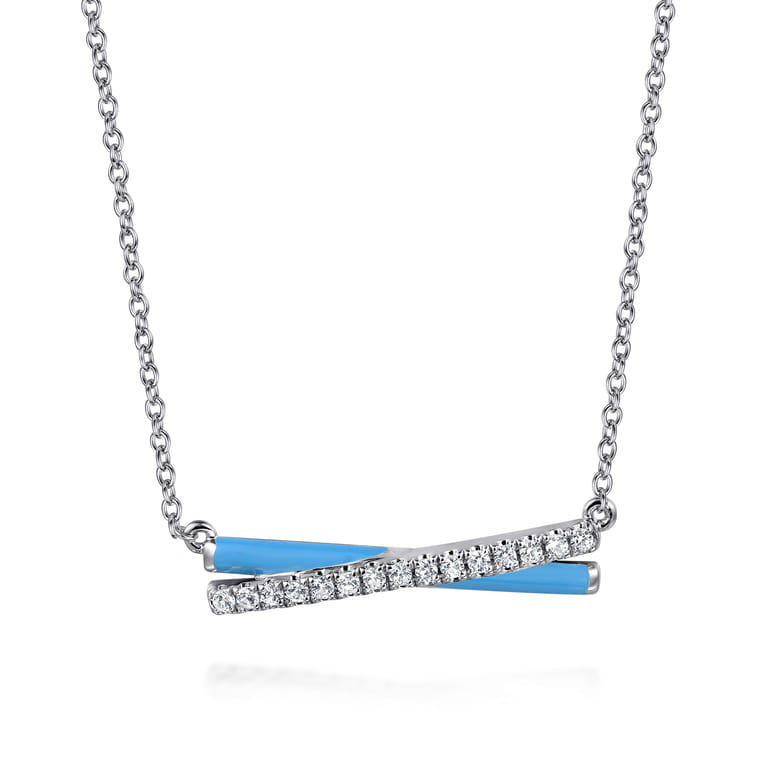 Enamel - 925 Sterling Silver White Sapphire Criss Cross Bar Necklace with Dusk Blue Enamel - Shot 1