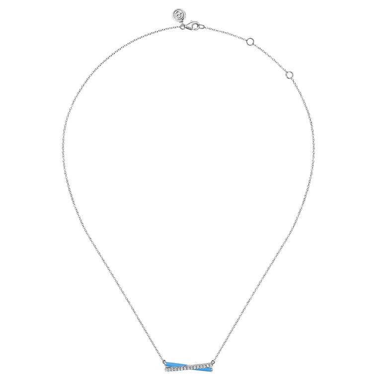 Enamel - 925 Sterling Silver White Sapphire Criss Cross Bar Necklace with Dusk Blue Enamel - Shot 2