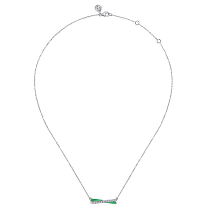 Enamel - 925 Sterling Silver White Sapphire Criss Cross Bar Necklace with Emerald Green Enamel