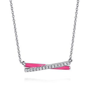 Enamel - 925 Sterling Silver White Sapphire Criss Cross Bar Necklace with Fuchsia Enamel