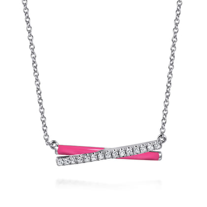 Enamel - 925 Sterling Silver White Sapphire Criss Cross Bar Necklace with Fuchsia Enamel