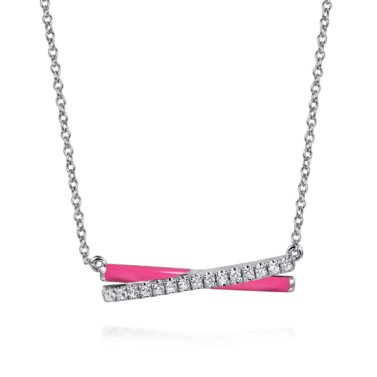 Enamel - 925 Sterling Silver White Sapphire Criss Cross Bar Necklace with Fuchsia Enamel - Shot 1