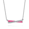 Enamel - 925 Sterling Silver White Sapphire Criss Cross Bar Necklace with Fuchsia Enamel