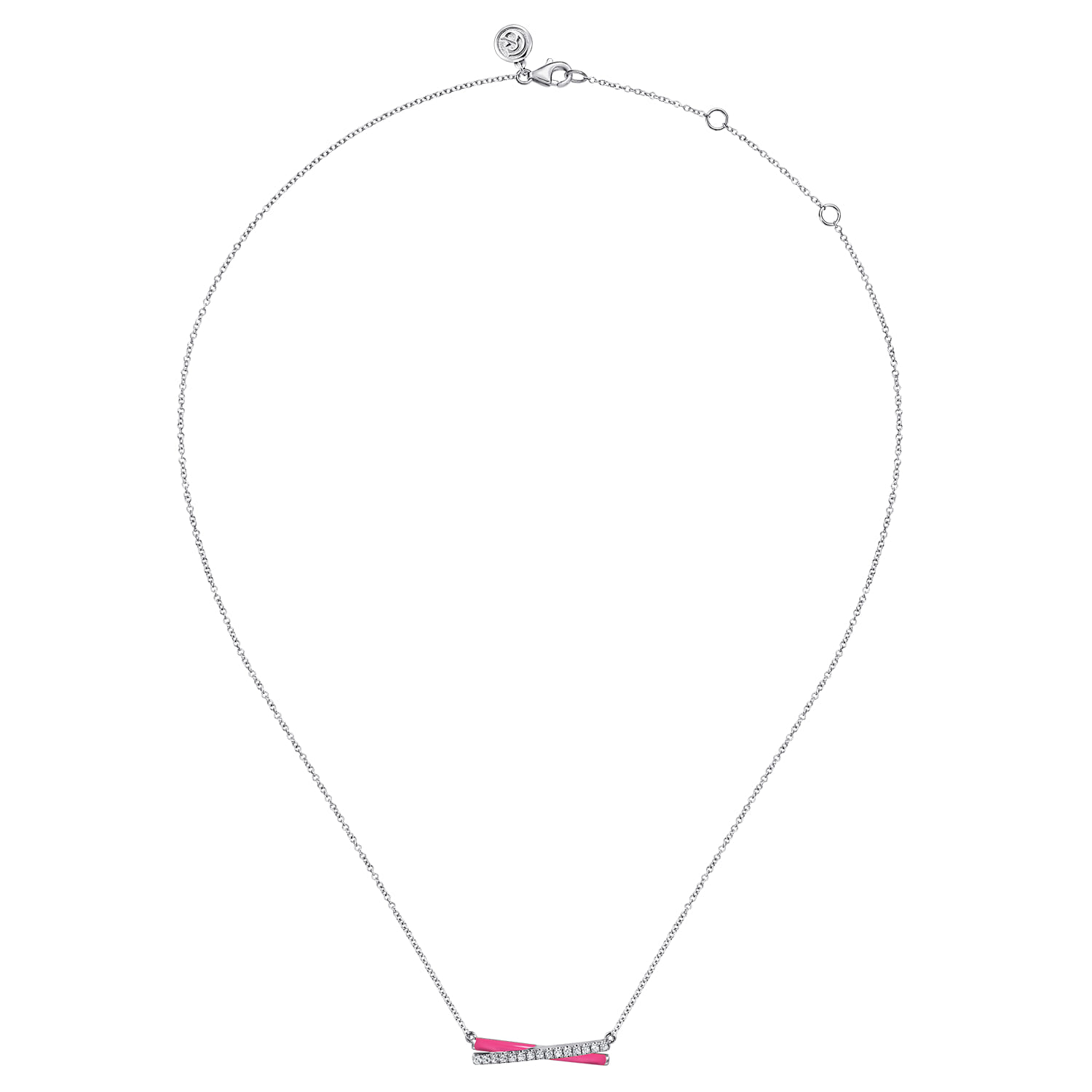 Enamel - 925 Sterling Silver White Sapphire Criss Cross Bar Necklace with Fuchsia Enamel - Shot 2