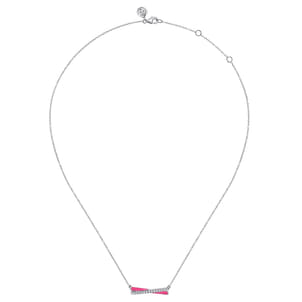 Enamel - 925 Sterling Silver White Sapphire Criss Cross Bar Necklace with Fuchsia Enamel