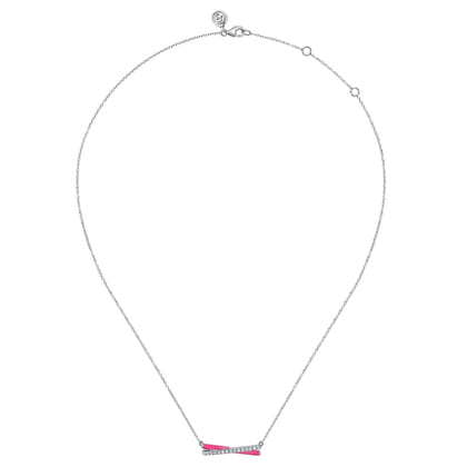 Enamel - 925 Sterling Silver White Sapphire Criss Cross Bar Necklace with Fuchsia Enamel