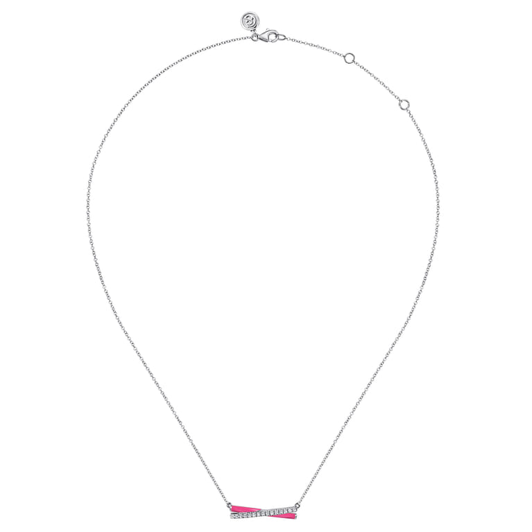 Enamel - 925 Sterling Silver White Sapphire Criss Cross Bar Necklace with Fuchsia Enamel - Shot 2