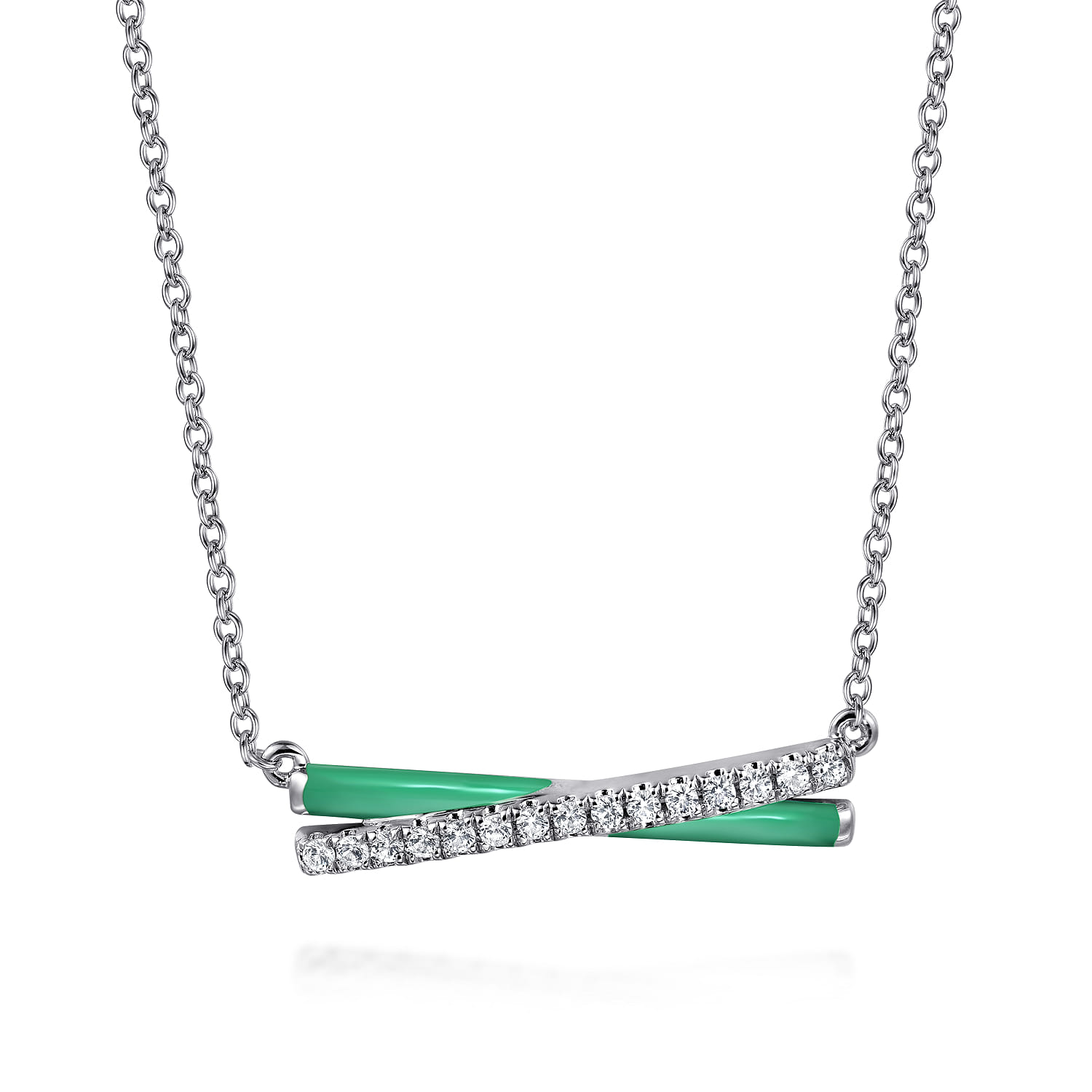 Enamel - 925 Sterling Silver White Sapphire Criss Cross Bar Necklace with Mint Green Enamel - Shot 1