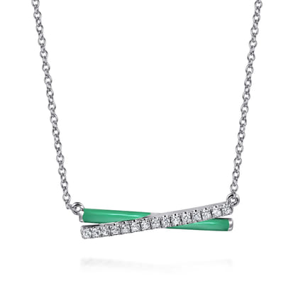 Enamel - 925 Sterling Silver White Sapphire Criss Cross Bar Necklace with Mint Green Enamel