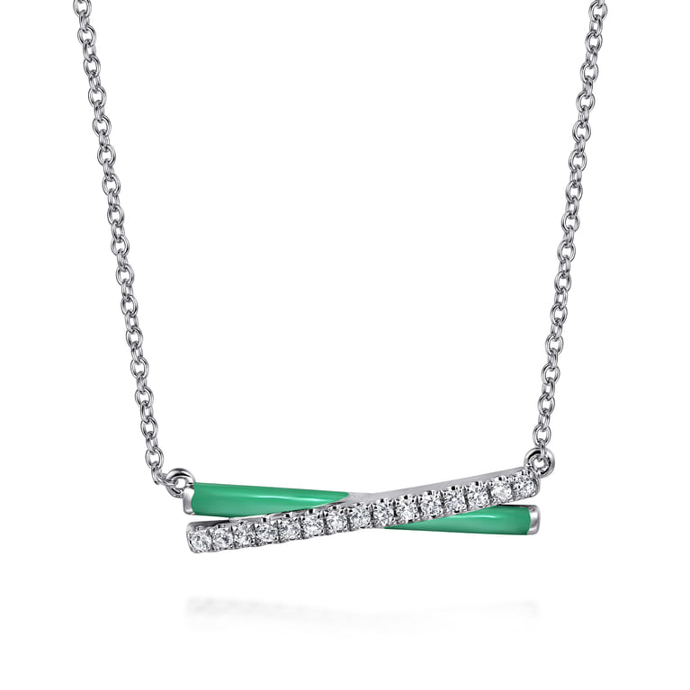Enamel - 925 Sterling Silver White Sapphire Criss Cross Bar Necklace with Mint Green Enamel - Shot 1