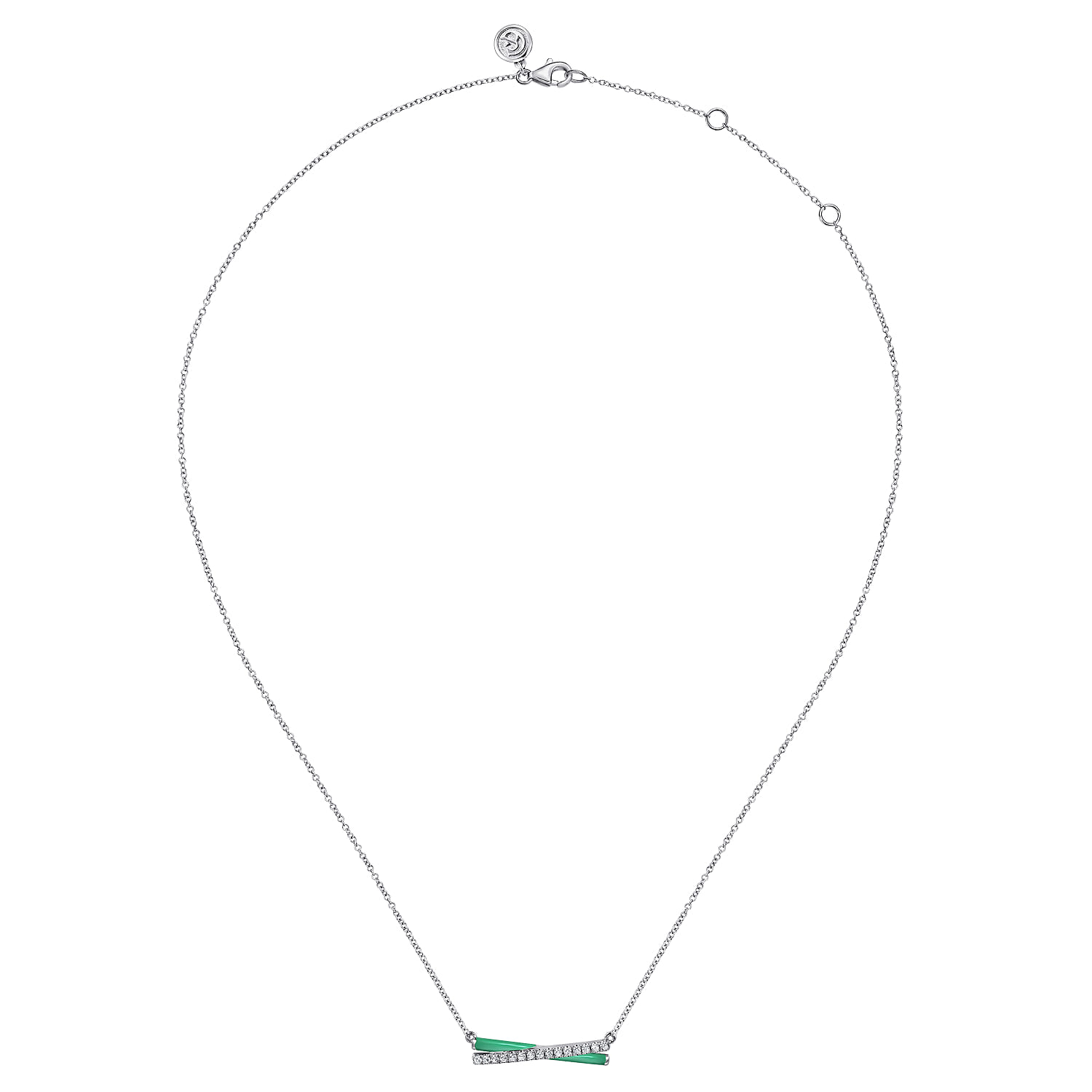 Enamel - 925 Sterling Silver White Sapphire Criss Cross Bar Necklace with Mint Green Enamel - Shot 2
