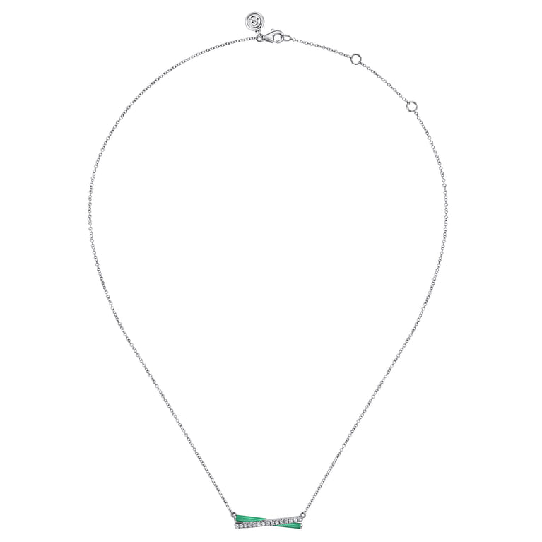 Enamel - 925 Sterling Silver White Sapphire Criss Cross Bar Necklace with Mint Green Enamel - Shot 2