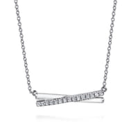 Enamel - 925 Sterling Silver White Sapphire Criss Cross Bar Necklace with White Enamel