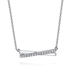Enamel - 925 Sterling Silver White Sapphire Criss Cross Bar Necklace with White Enamel