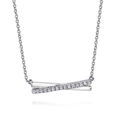 Enamel - 925 Sterling Silver White Sapphire Criss Cross Bar Necklace with White Enamel