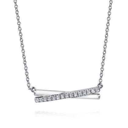 Enamel - 925 Sterling Silver White Sapphire Criss Cross Bar Necklace with White Enamel