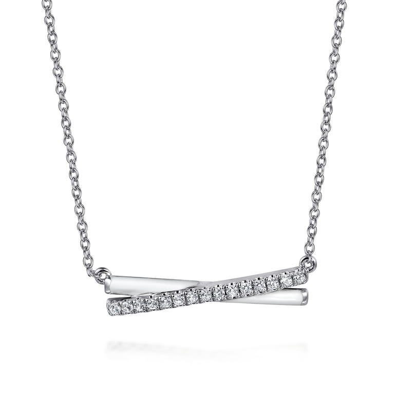 Enamel - 925 Sterling Silver White Sapphire Criss Cross Bar Necklace with White Enamel - Shot 1