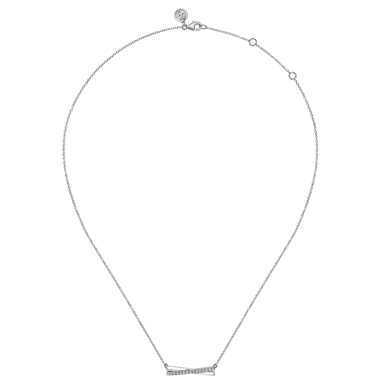 Enamel - 925 Sterling Silver White Sapphire Criss Cross Bar Necklace with White Enamel - Shot 2