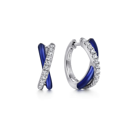Enamel - 925 Sterling Silver White Sapphire Criss Cross Huggies with Chrome Blue Enamel